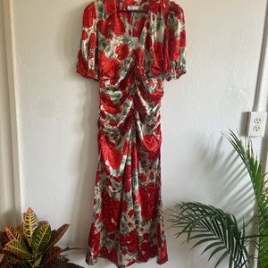Red Rose Print Silk Dress